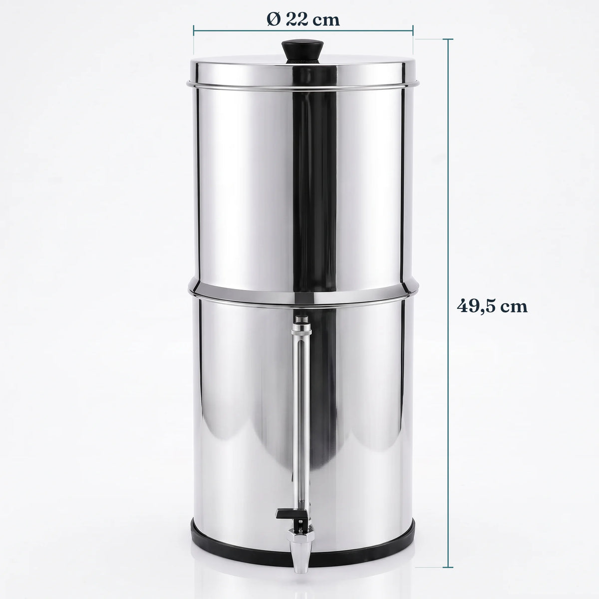 Fontaine à gravité Léman Filtrelia, inox poli 8,5 L, jauge de niveau, dimensions
