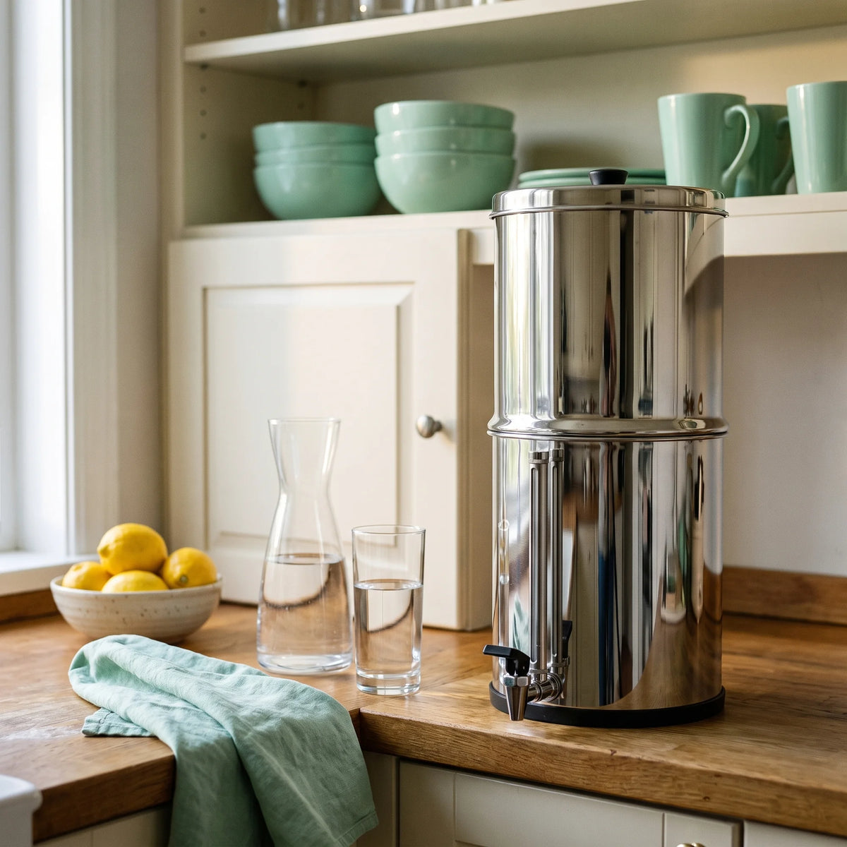 Fontaine à gravité Léman en inox poli sur un plan de travail de cuisine familiale, avec une carafe, un verre et des citrons